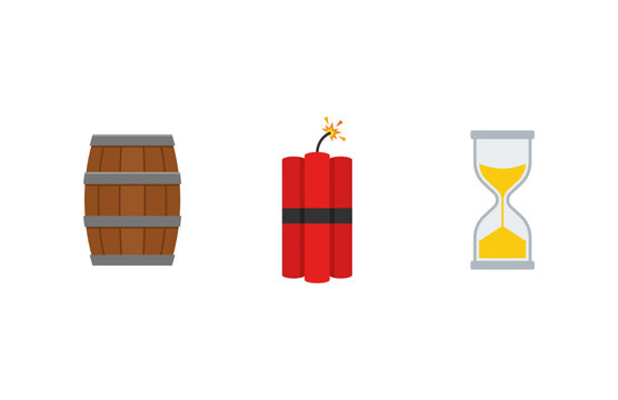 Vector illustration set featuring a wooden barrel, red dynamite sticks, and an hourglass timer