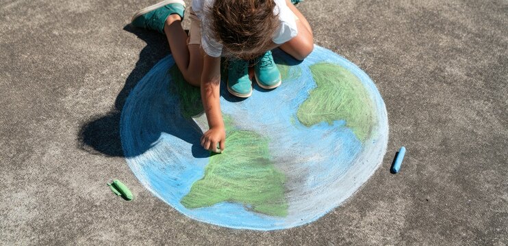 Child draws planet Earth with chalk on pavement (1)