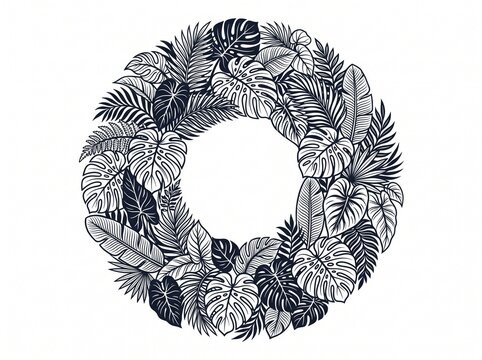 Tropical Leaf Circle Monochrome Vector Illustration, Abstract Botanical Floral Composition, vector isolated on white