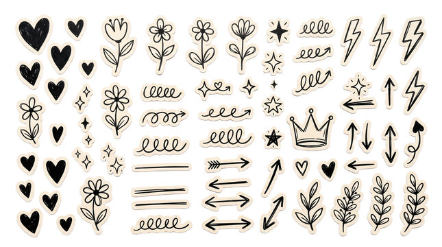Hand drawn paper sticker collection, arrow heart star collage, scrapbook texture, cute diary notebook crown, craft cutout Y2K grunge vector
