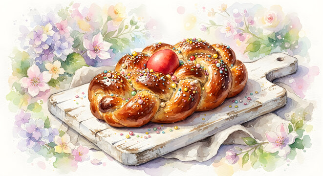 Watercolor Easter bread with red egg and spring flowers