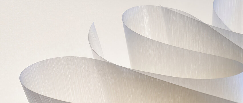 Translucent ivory paper layers in curving waves. Abstract background of textured white paper sheets with soft light