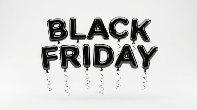Black friday text formed by glossy black balloons floating with ribbons, isolated on white background black friday