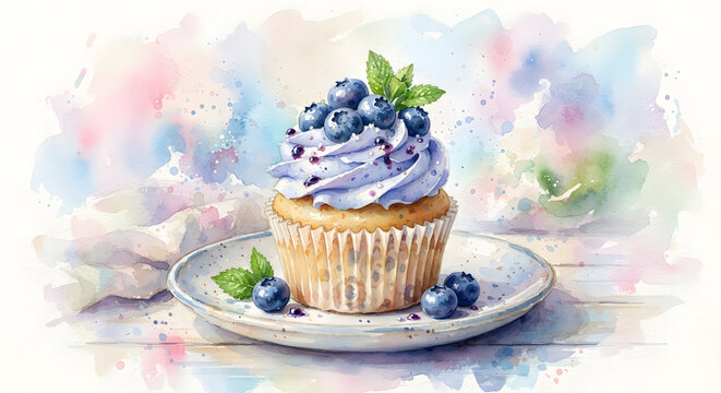 Blueberry cupcake with purple frosting on a ceramic plate