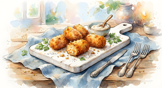 Crispy fried croquettes on a wooden cutting board with dipping sauce
