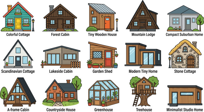 Set of various small house types including cottages, cabins, and modern tiny homes, illustrated in a flat vector style