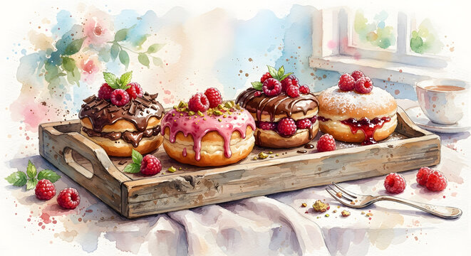 Assorted gourmet raspberry pastries on a rustic wooden tray