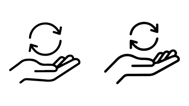 Hand holding two way circular arrow icon line style isolated on white for refresh exchange concept.