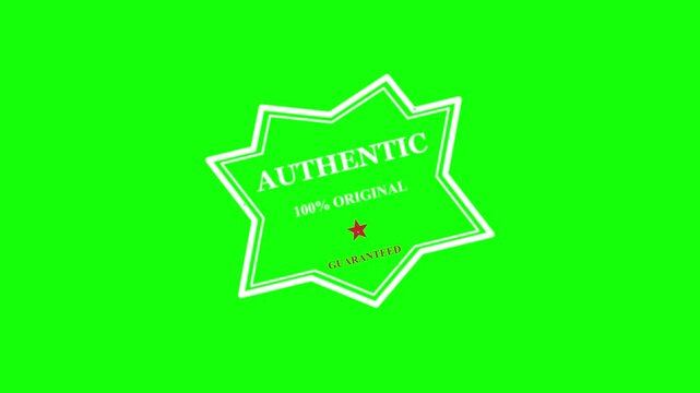 Authentic guarantee stamp animation on green screen background, white original sticker badge icon overlay, quality assurance retail symbol, transition graphic template