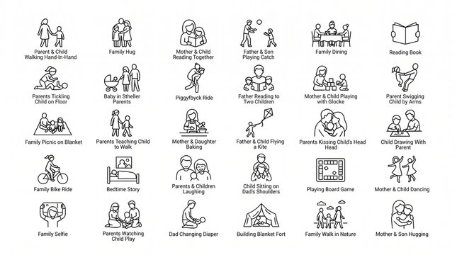 Set of family line art icons representing daily activities and parenting lifestyle concepts.