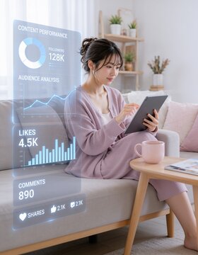 ソファに座ってデータグラフをタブレットで分析するアジア人女性