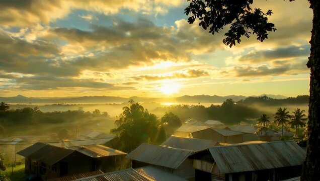 Breathtaking 4K Ultra HD time-lapse of a golden sunrise over a rural village in Ranau Sabah Borneo capturing fast-moving mountain mist and sunlight illuminating lush tropical landscapes