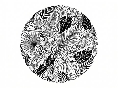 Tropical Leaf Circle Monochrome Vector Illustration, Abstract Botanical Floral Composition, vector isolated on white