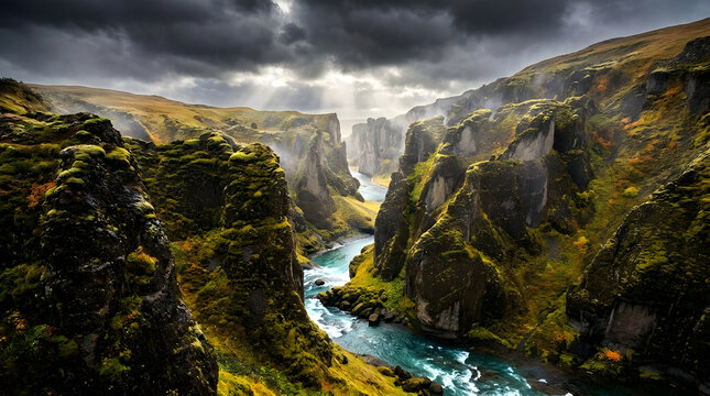 Winding river through a deep mossy green canyon