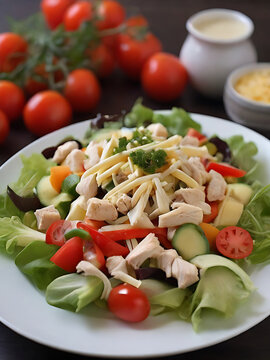 Fresh chicken salad with shredded cheese tomatoes and sliced cucumbers on bed of mixed greens is ideal choice for nourishing lunch or light dinner option.