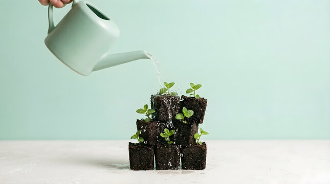 Watering Young Green Seedlings Growing in Soil Blocks for Sustainable Gardening and Environmental Growth Concept