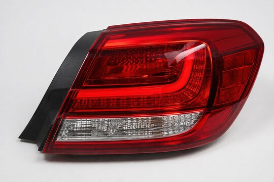 Modern red automotive LED tail light assembly isolated against a white background