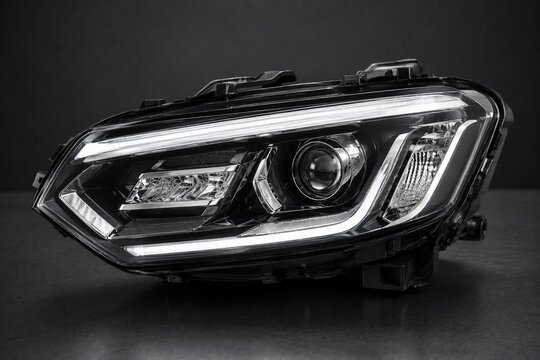 Modern automotive LED headlight assembly with projector lens against a dark studio background