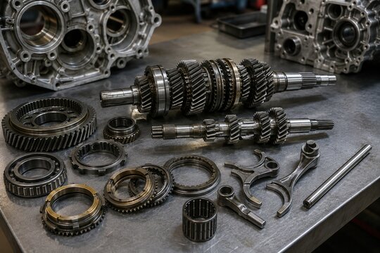 Disassembled manual transmission gears and shafts arranged on an automotive workshop bench