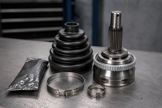 New CV joint repair kit with rubber boot, metal clamps and grease on steel workbench