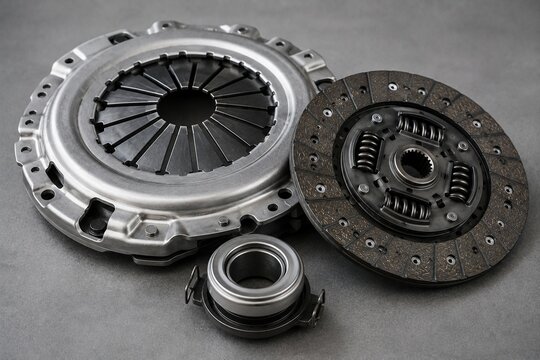 Automotive clutch kit with pressure plate, friction disc and release bearing on gray background