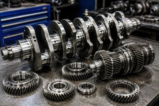 Crankshaft and transmission gears arranged on a metal workbench in an automotive workshop