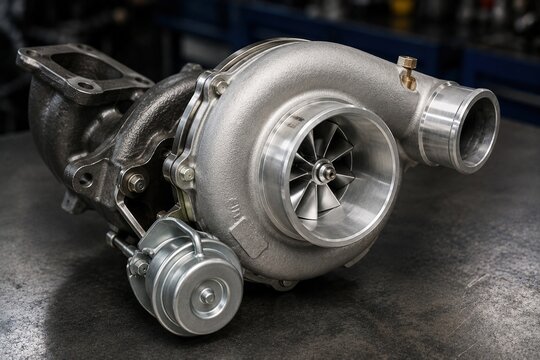 Heavy duty automotive turbocharger with exposed compressor wheel on a workshop bench
