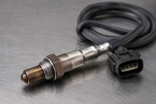 Close-up of automotive oxygen sensor with electrical connector on brushed steel surface