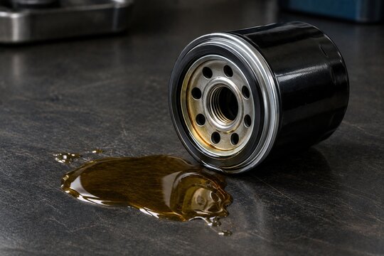 Used automotive oil filter beside spilled engine lubricant on a dark workshop bench