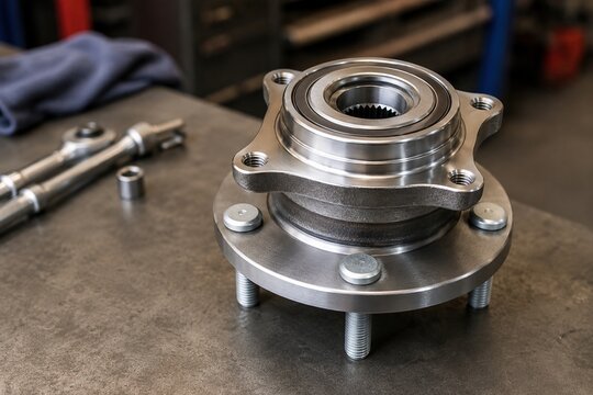 New automotive wheel hub bearing assembly ready for installation on a workshop bench