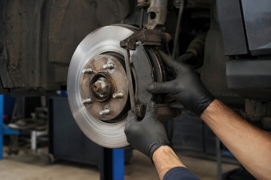 Mechanic installing new brake pads on exposed car disc assembly in automotive workshop