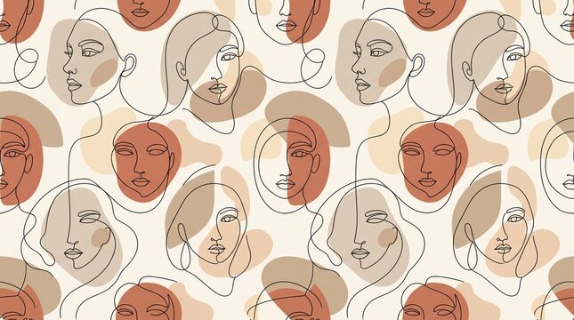 Seamless pattern with abstract continuous line drawing of female faces in minimalist style.