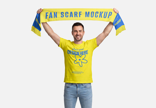 Man in a T-Shirt Holding Fan Scarf Mockup