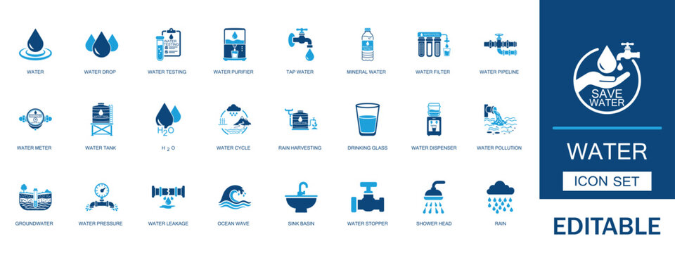 Water supply and purification icon set. Featuring drop filter tap pipeline meter tank dispenser testing pollution plumbing pressure shower vector.