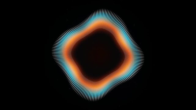 Pulsing circular ring of glowing blue and orange light spikes creates a hypnotic rhythmic motion in this artistic animation that demonstrates complex digital patterns moving against a deep black backg