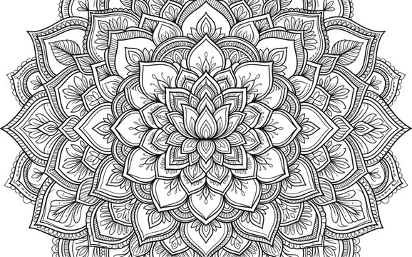 Intricate floral mandala ornament editable line art featuring symmetrical lotus patterns, decorative petals, botanical elements, boho design, and spiritual geometry
