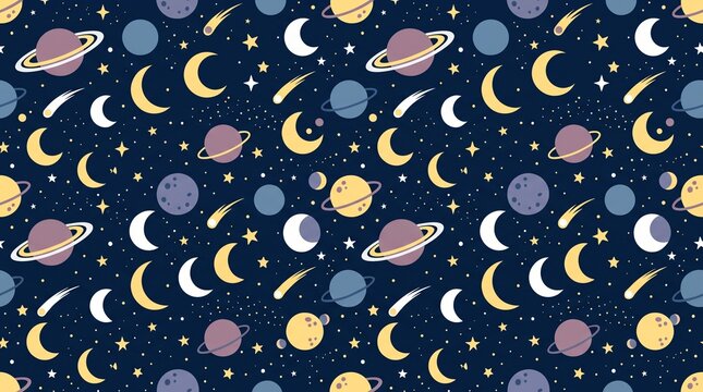 Seamless pattern with planets moons and stars in a dark blue space background.