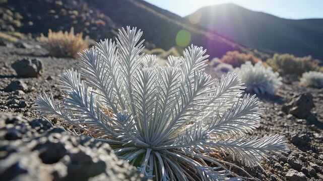Silver dusty miller plant in rocky terrain with sunlight