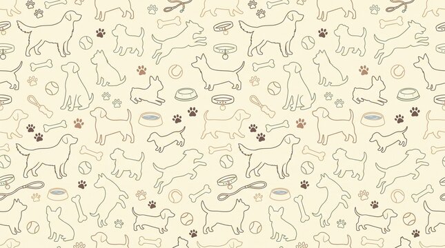 Seamless pattern with cute dog outlines and pet accessories on a light background.