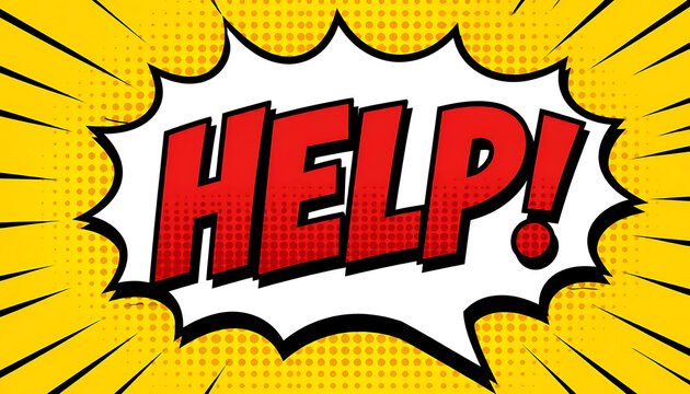 Comic book style speech bubble with the word help written in bold red letters on yellow background