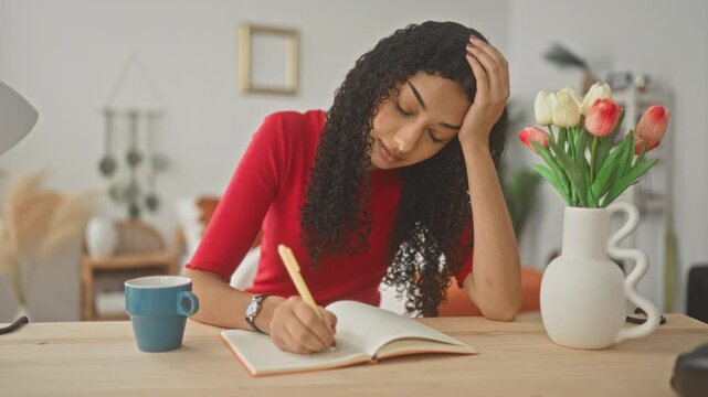 Woman writing in notebook, hand on forehead and holding pencil at a studio table with coffee mug and vase of tulips; pensive concentration.