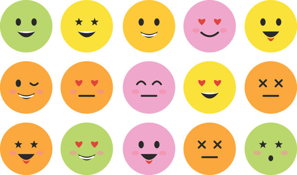 Colorful flat emoji smiley faces collection with different funny expressions.