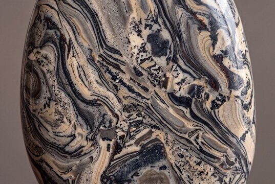 Picasso jasper metamorphic rock macro with abstract marbled art-like patterns on solid warm grey background