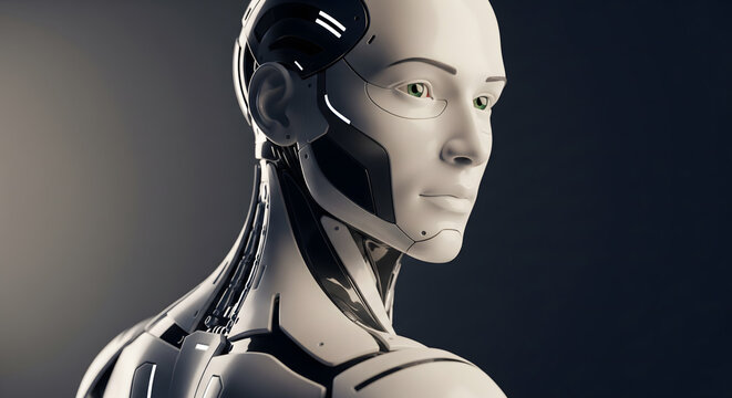 Close-up portrait of a humanoid robot head and shoulders looking away against a dark background.