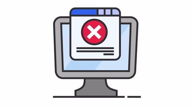 Computer monitor displaying error pop-up window cartoon animation with red cross mark failure symbol for system crash and bug element concept isolated on an alpha channel.