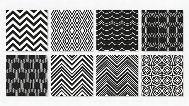 Seamless black and white geometric patterns. Diverse zigzags, waves, hexagons, and diamonds. Modern graphic design backgrounds