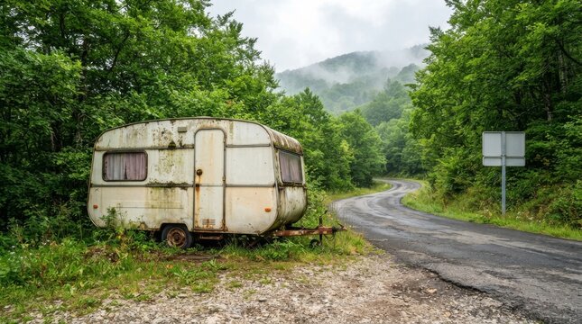 Abandoned vintage caravan trailer parked by winding rural road in misty forest. Derelict mobile home and travel concept. Countryside adventure and nomad lifestyle.