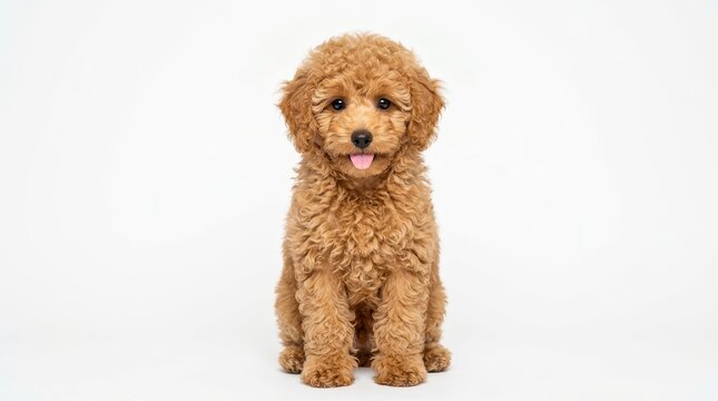 Adorable Apricot Toy Poodle Puppy Sitting on White Background - Cute Fluffy Dog Portrait for Commercial Use