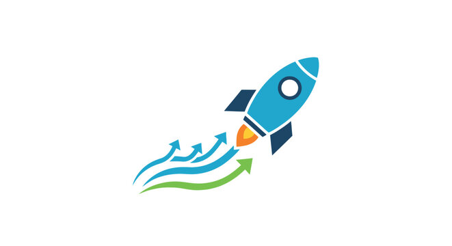 Blue rocket ship launching into space.