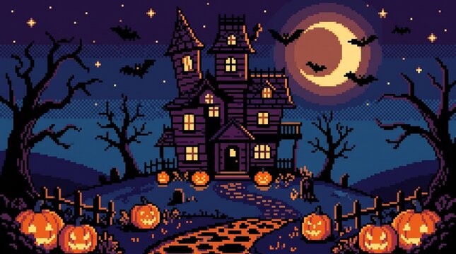 Spooky pixel art haunted house under a crescent moon with pumpkins and flying bats